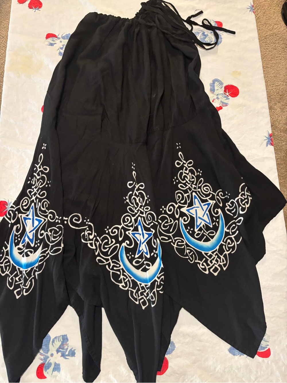 Black Handkerchief Hem Skirt with Blue Crescent & Star Motif